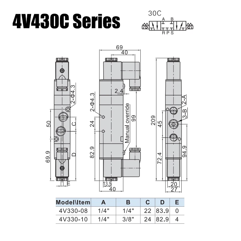 Magas légnyomású levegő minőségű 4V130C-06 4V230C-08 4V330C-10 4V430C-15 Szellőztet electromagnetic valves 3 Fekvés 5 Mód Levegőműködtetésű Tekercs Tolattyú