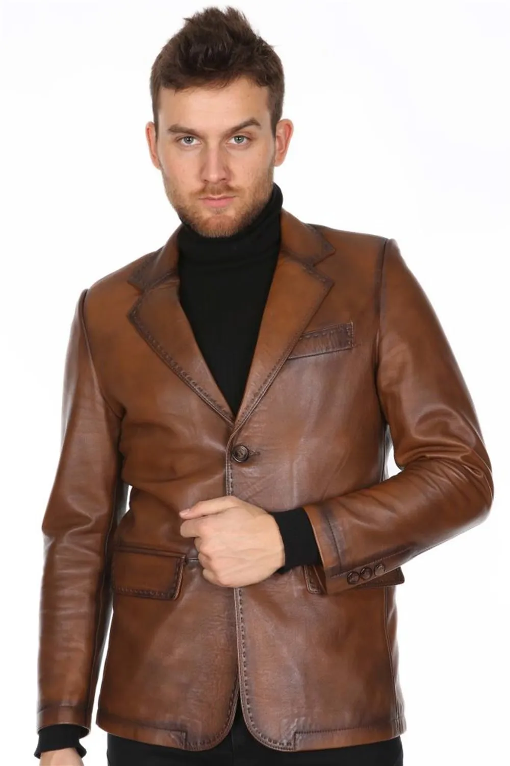 Skórzana kurtka męska sport model oryginalny lambskin brązowy kolor furless softy 2022 trend wygląd wykonane w turcji e-179