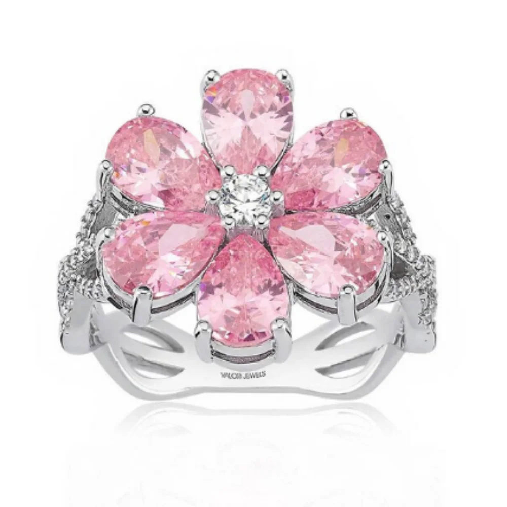 

Valori Jewels Magnolia Flower Ring 4 Kt Zircon Pink Pear Gemstone, Rhodium Plated, 925 Sterling Silver, Wedding Engagement Celebration Party Fine Jewelry Women's Style Original Anniversary Birthday Gift