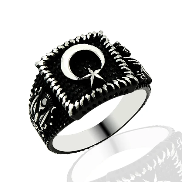 925 Silver Moon and Star Printed Ethnic Turkish Ring for Men