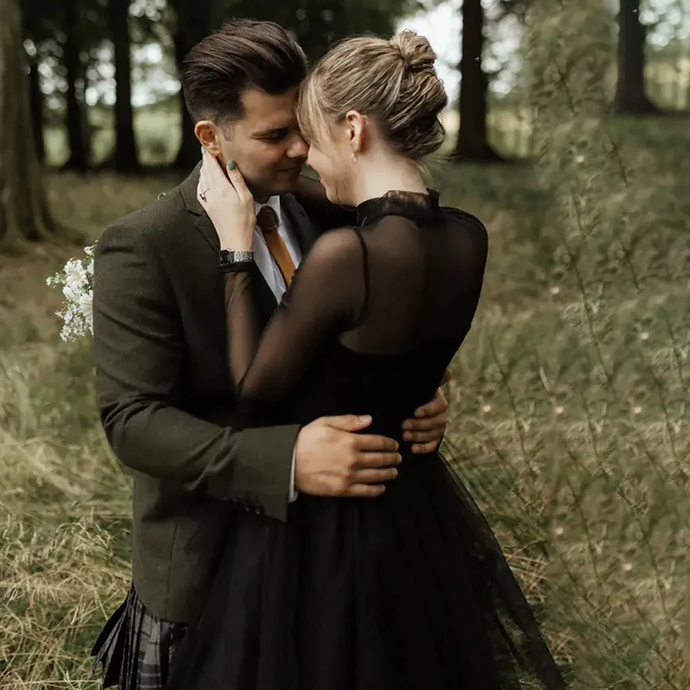 Vestido de casamento de tule de tule de mangas compridas de alta pescoço feito sob encomenda mais tamanho irregular alto baixo preto fotografia de halloween tutu vestido de noiva