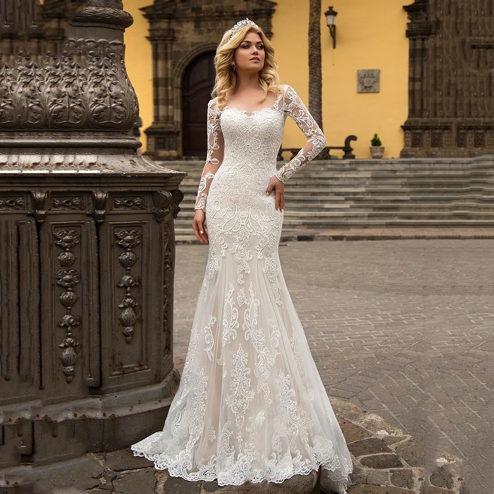 Vestido de novia de sirena de manga larga de encaje cariño personalizado elegante botón trasero vestidos de novia vestidos de novia modernos por encargo