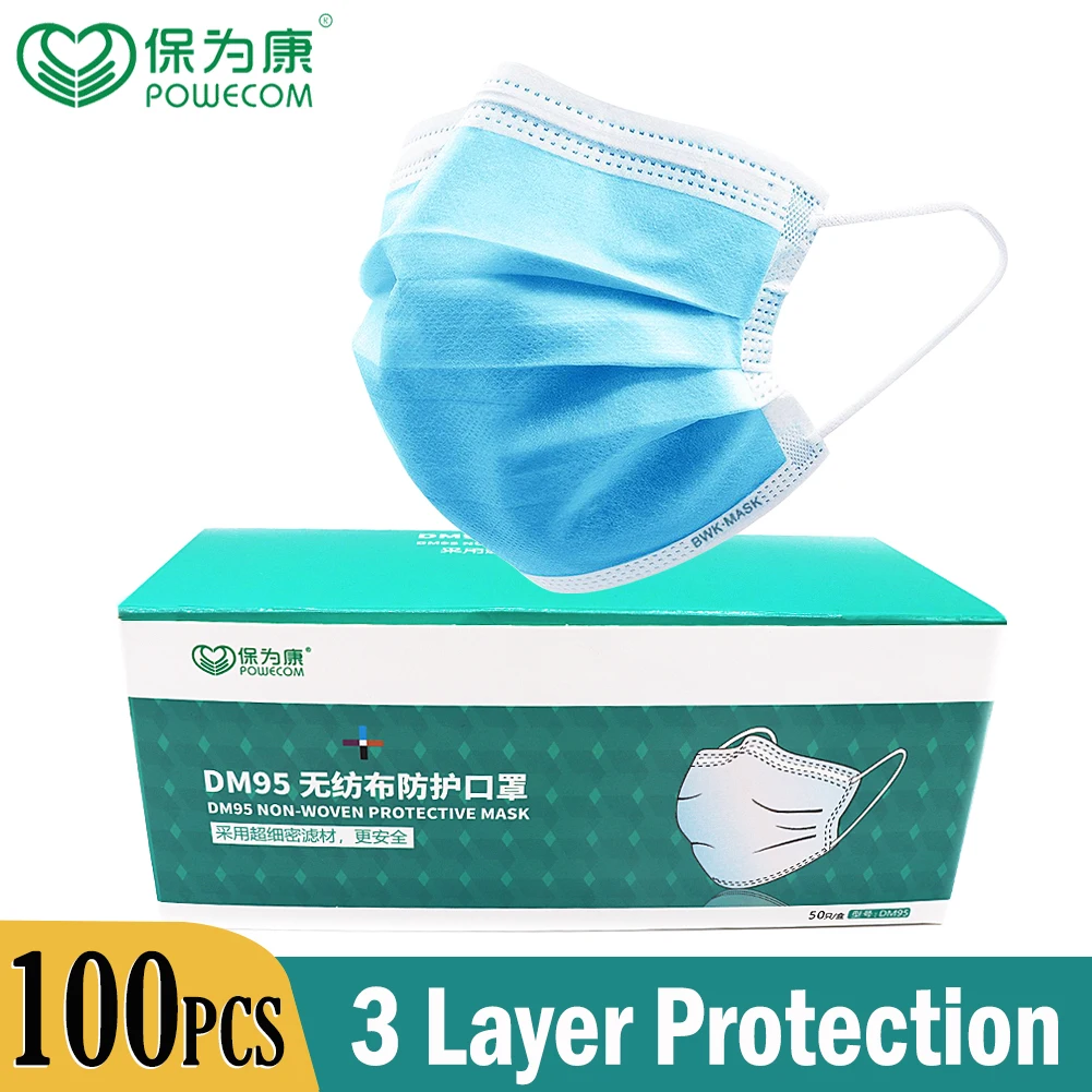 

100/200/300Pcs POWECOM Disposable Face Mouth Mask Protective Face Mask 3Layer Dustproof Nonwoven Safety Mouth Masks for Adult