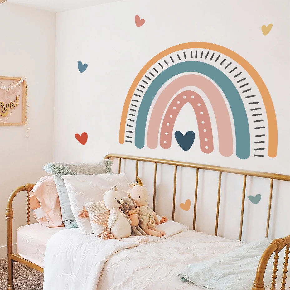 Cartoon Rainbow Heart Nursery Wall Sticker Vinyl DIY Removable Wall Decals Kids Girls Bedroom Playroom Interior Home Decor