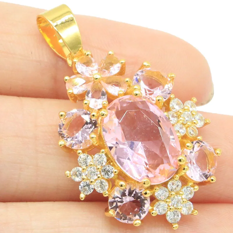 

46x23mm Delicate Fine Cut 12g Pink Kunzite White CZ Bride Wedding 14k Gold Silver Pendant Earrings Eye Catching