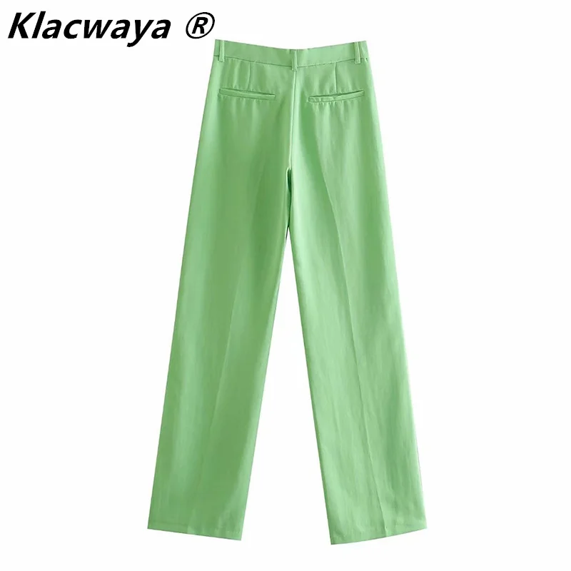 Klacwaya Women 2021 Blazer Two-Piece Set Vintage Green Office Lady Single Button Suit Fashion High Waist Wide leg Pants Suits