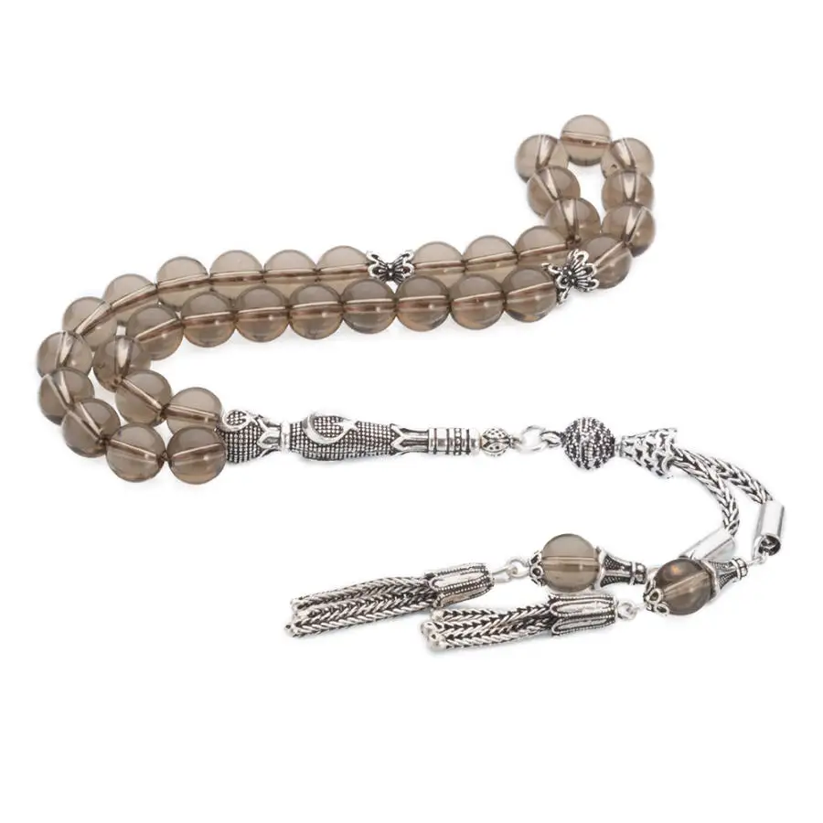 

Silver Brown Quartz Gemstone Prayer Rosary Men Sphere Cut Rosary With Silver Tassel Turkish Tasbih Chain Tassel 925k Silver