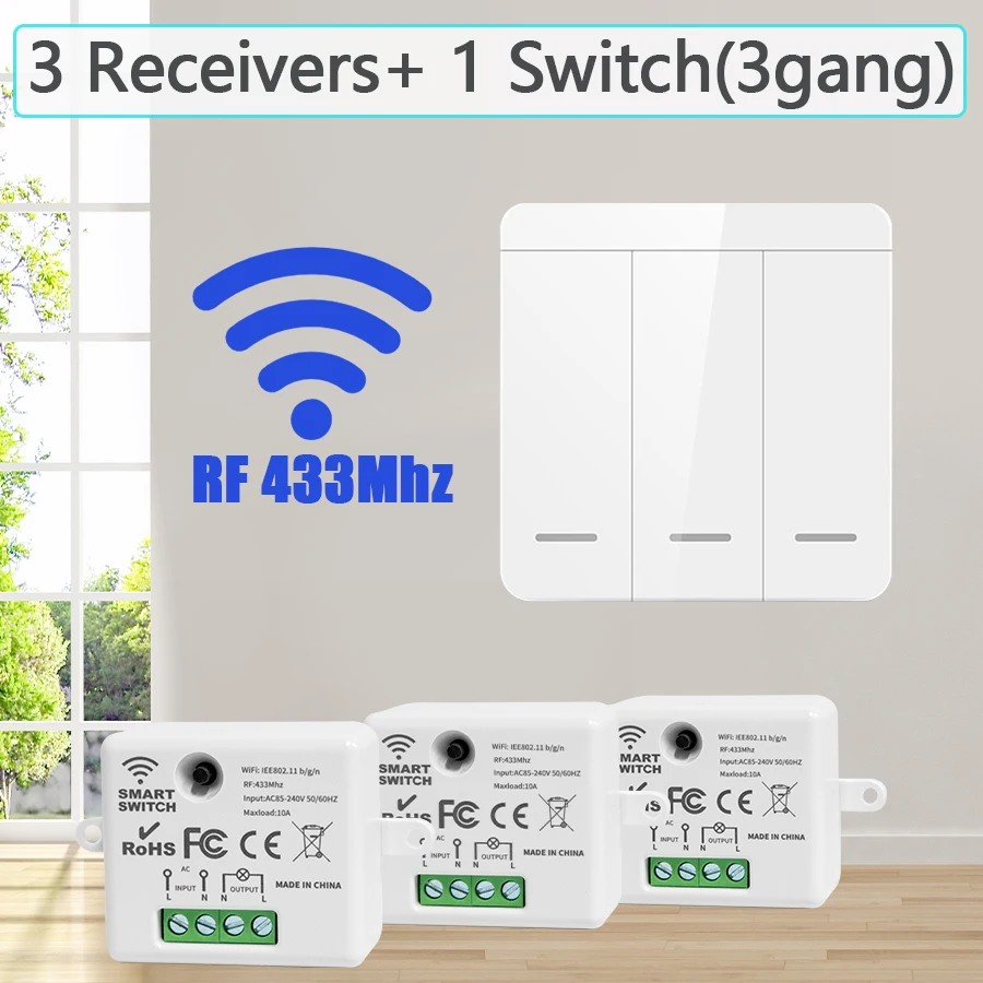 Draadloze AAN UIT Schakelaar RF433 Module Afstandsbediening Lichtschakelaar 1/2/3 Gang Wandschakelaar voor Gloeilamp Kroonluchter 10A 110V 220V
