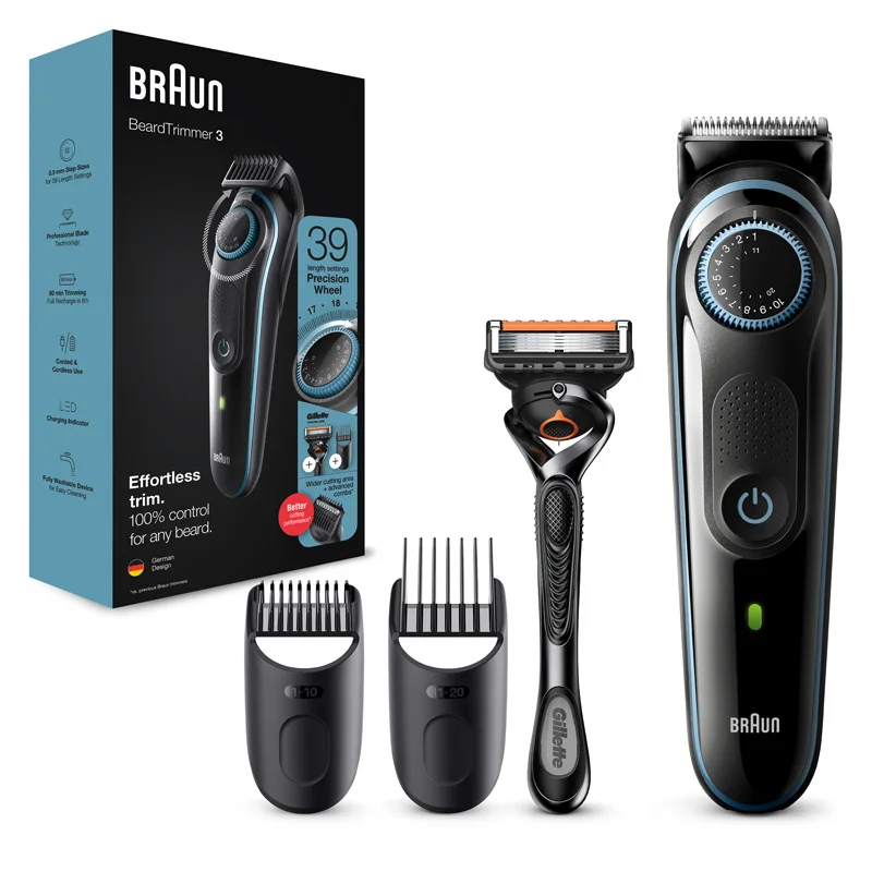 Braun BT3340, Beard Trimmer, Hair Clipper, Electric Shaver for Men, Shaving Machine, Long Lasting Sharp Blades, Shaver 39 Length Settings, 80 min wireless use