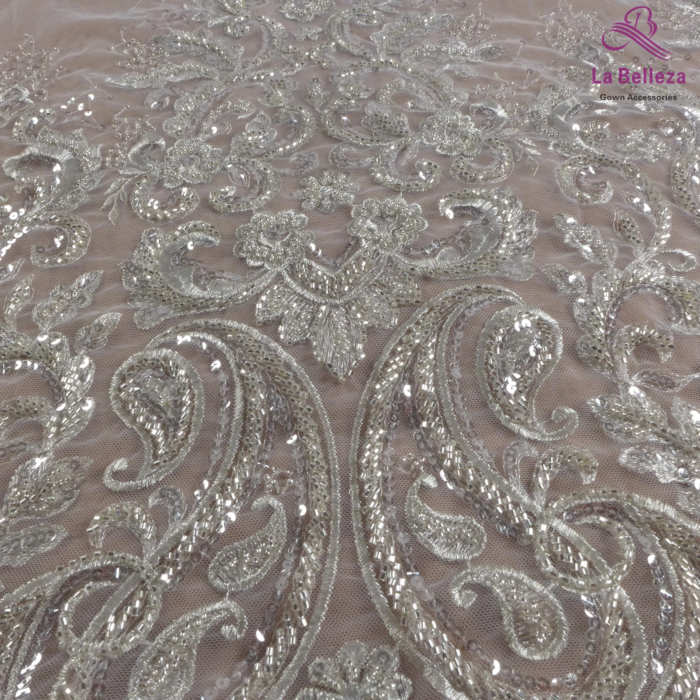 La Belleza 2024 fashion bridal lace,Heavy beading lace fabric,silver beading wedding dress lace fabric 51'' width 1 yard