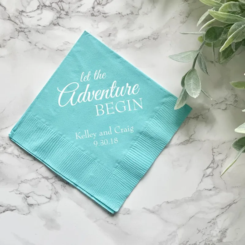 Let The Adventure Begins - Personalized Wedding Napkins, Rehearsal Dinner, Engagement Party, Custom Bar Napkins, Custom Napkins