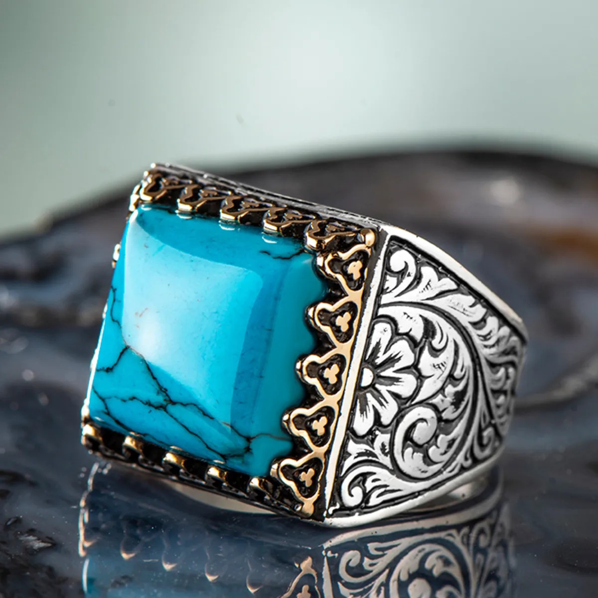 

925 Sterling Silver Rectangular Turquoise Stone Men's Ring Special Access for Men Exclusive Ring Made in Turkey