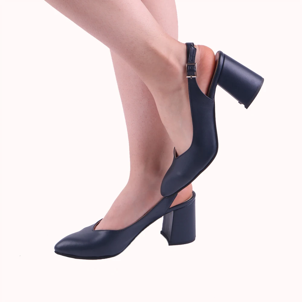 Blue Faux Leather Ankle Strap Women Sandals Pointed Toe Heels for Women Thick Heel Pumps for Women 7 cm Heels Women Ladies Pumps