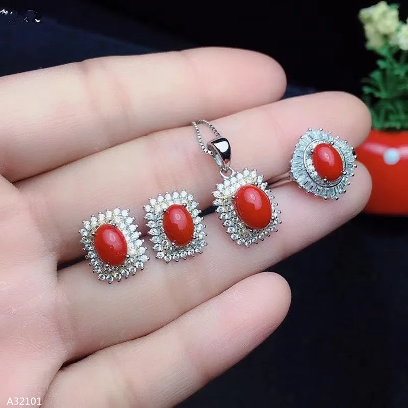 

KJJEAXCMY Fine Jewelry 925 Sterling Silver Inlaid Natural Gemstone Red Coral Ring Pendant Earring Set Luxury Supports Test