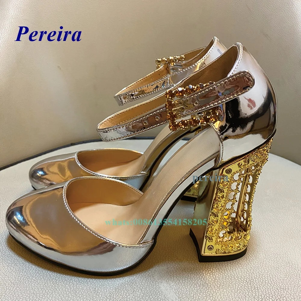 Gold Patent Leather Fretwork Heels Pumps 2022 Newest Designer Shoes Buckle Strap High Heels Round Toe Crystal Pumps Women's Shoe