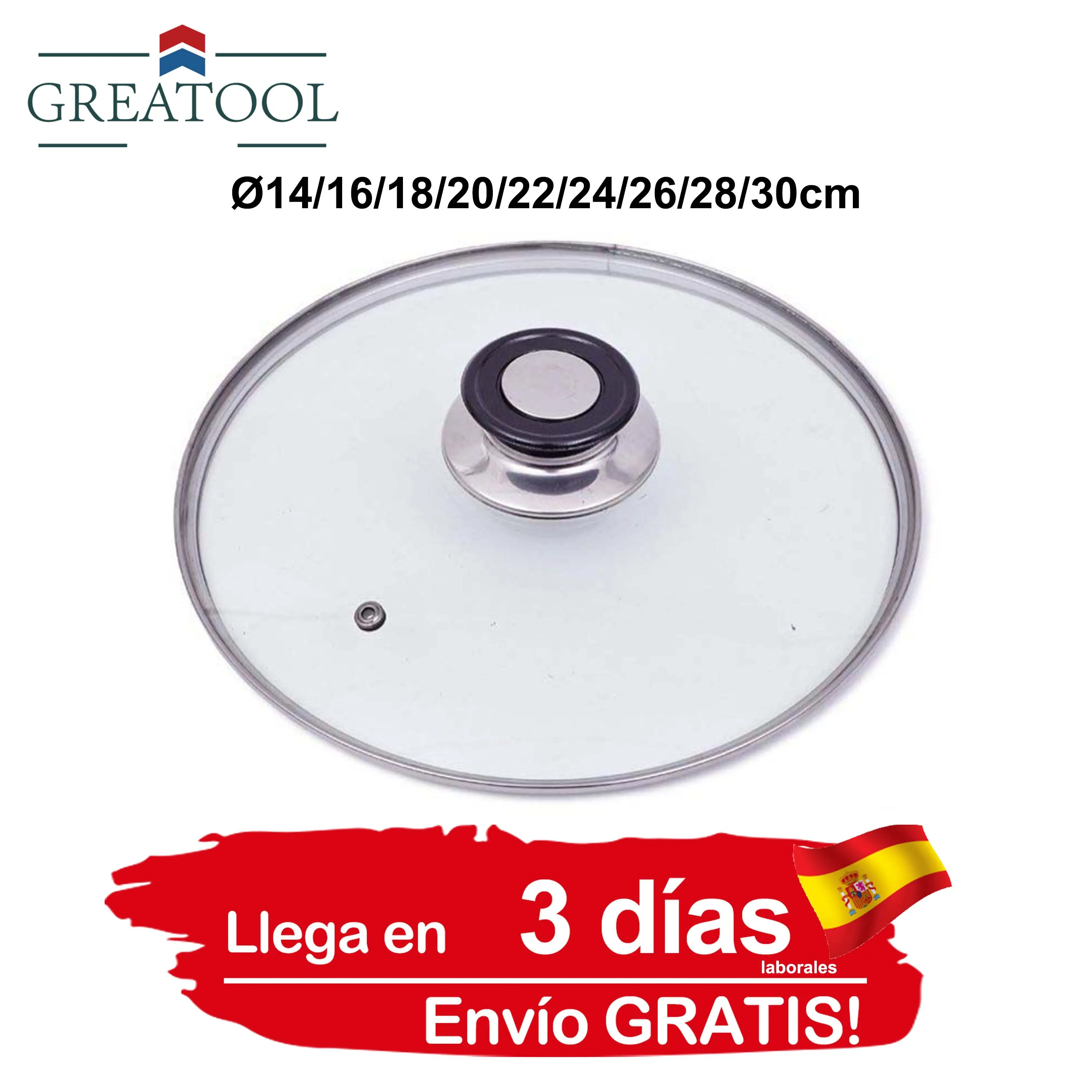 GREATOOL Tapa cristal sarten, Tapa para Olla, Tapa de Cristal para Ollas, Tapa con Borde de Acero Inoxidable, Tapa con Asa, Tapa con Orificio para el Vapor 14/16/18/20/22/24/26/28/30 Envio desde Madrid