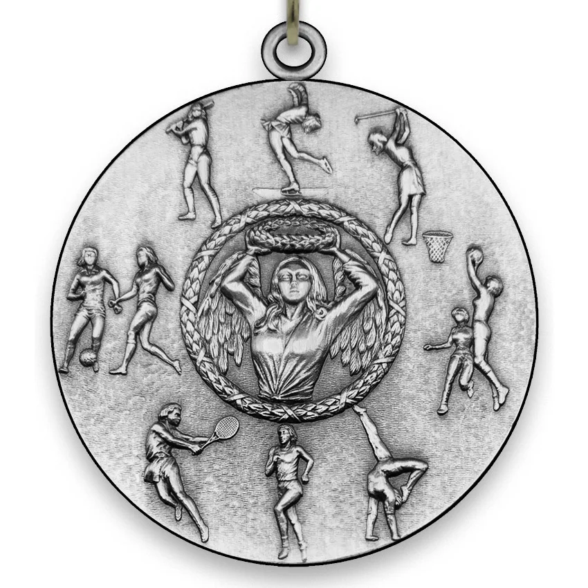 Large Metal All Sports Medal - Female - Silver - 6,4 cm - with Neck Ribbon size 2,2cm x 80 cm - Choice of Ribbon Colours.