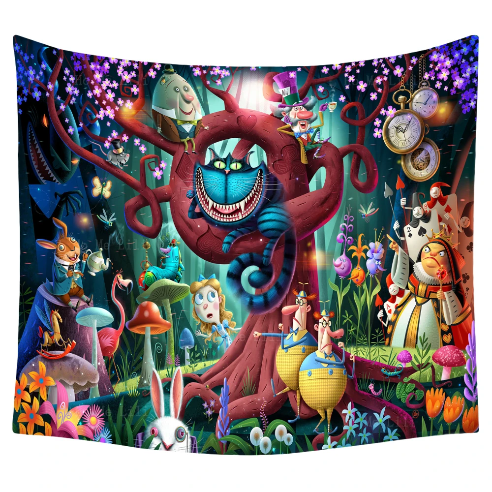 Fairytale Fantasy Wonderland Trippy Grinning Face Cat Magic Forest Cartoon Creative Tapestry By Ho Me Lili For Home Wall Decor