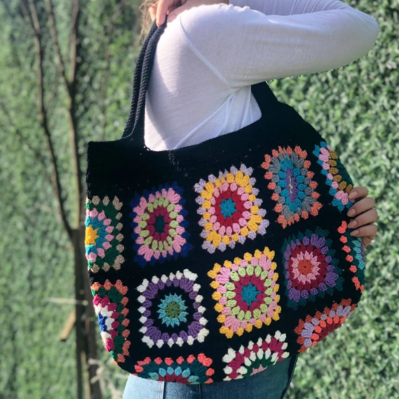 Black Granny Square Bag Colorful Cute Purse Checkered Crochet Shoulder Bags With Boho Style Yellow Black Handbags