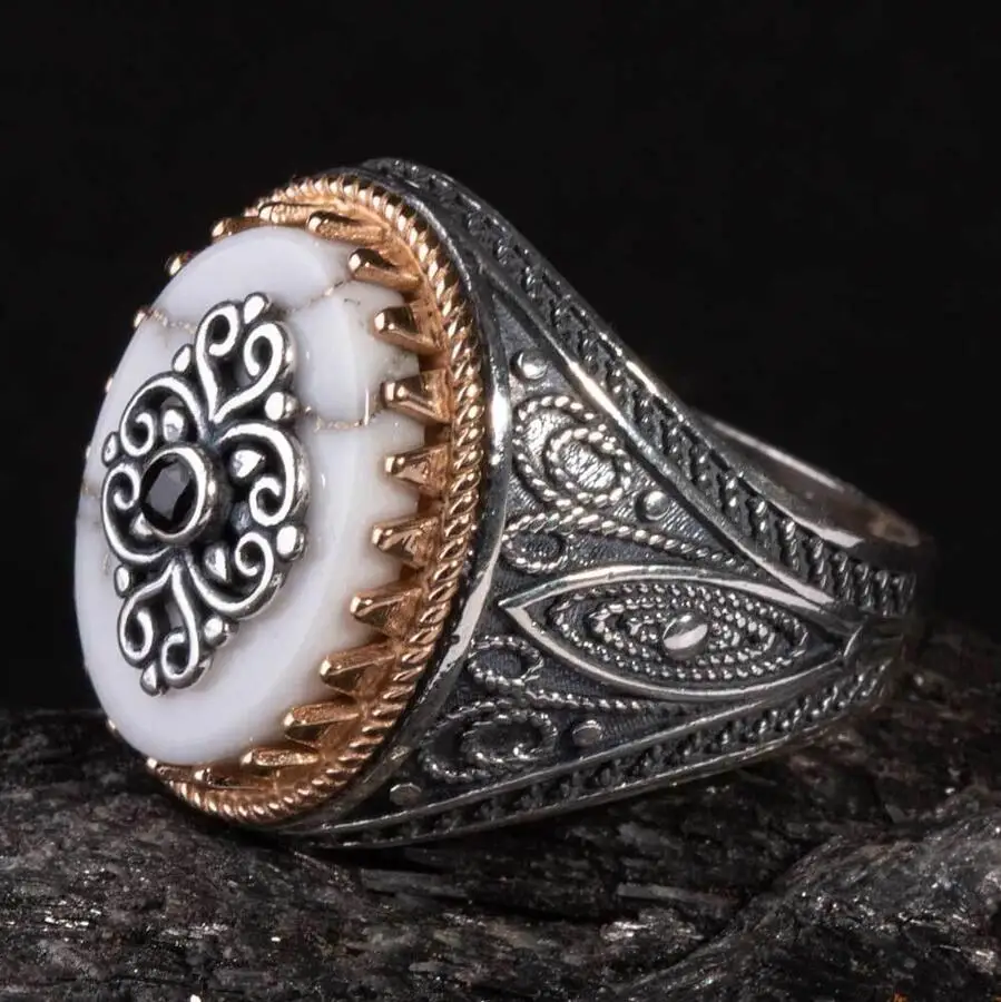 Zircon and White Mother of Pearl Stone Silver Ring Fashion Turkish Premium Quality Handmade Jawelery