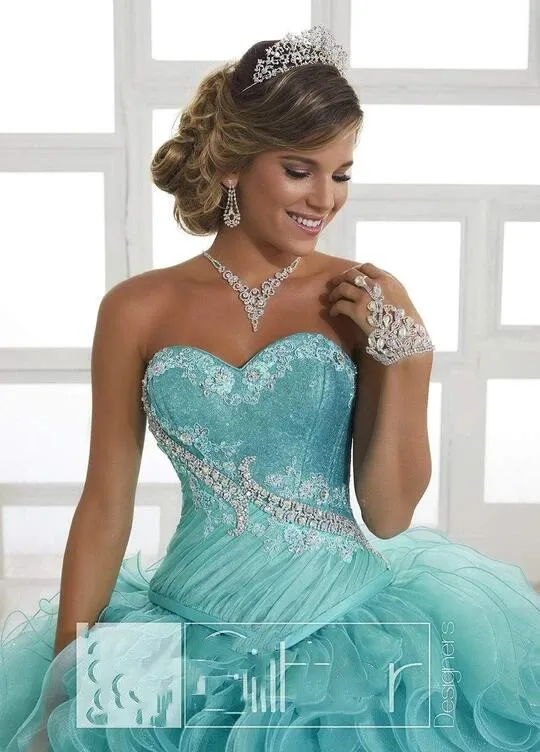 Gaun Ulang Tahun Cinderella CloverBridal 2021 Tulle Glitter Emas dan Organza Quinceanera Aqua Quinceañera De 15 WQ9802