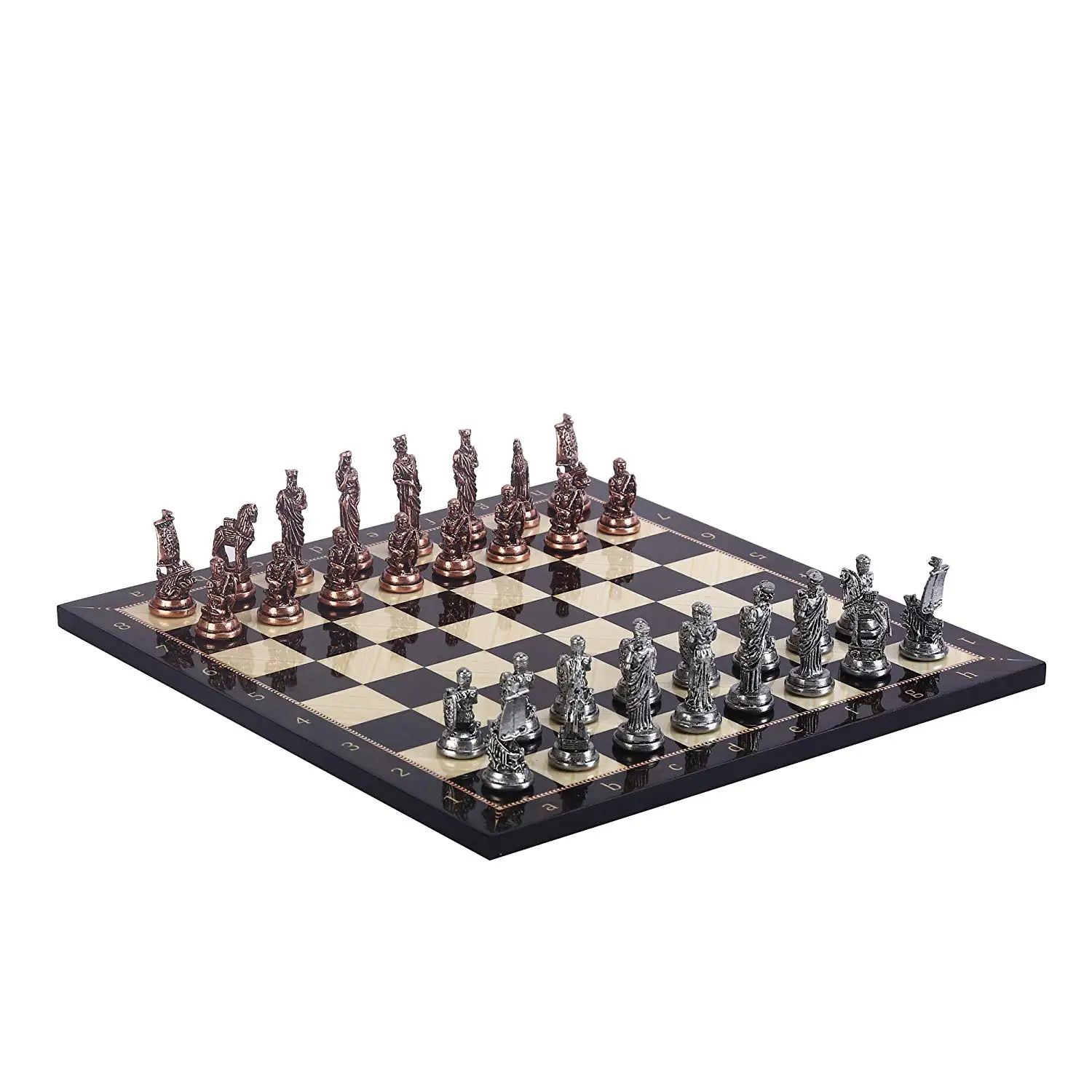 

Historical Antique Copper Troy Figures Metal Chess Set,Handmade Pieces and Walnut Patterned Wood Chess Board King 7 cm