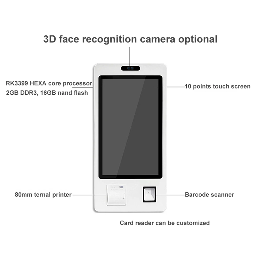 Quiosque de serviço de pedido automático permanente de 32 polegadas com impressora térmica de 80 mm, leitor de código de barras, leitor de cartão opcional, software NO incluído