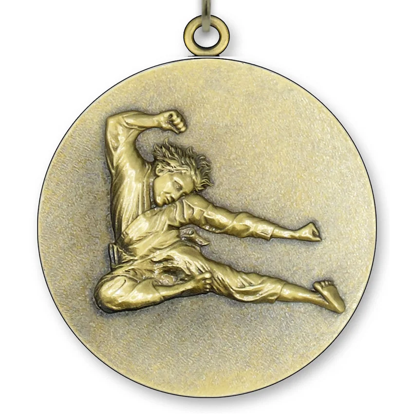 Large Metal Karate Medal - Gold - 6,4 cm - with Neck Ribbon size 2,2cm x 80 cm . Choice of Ribbon Colours.