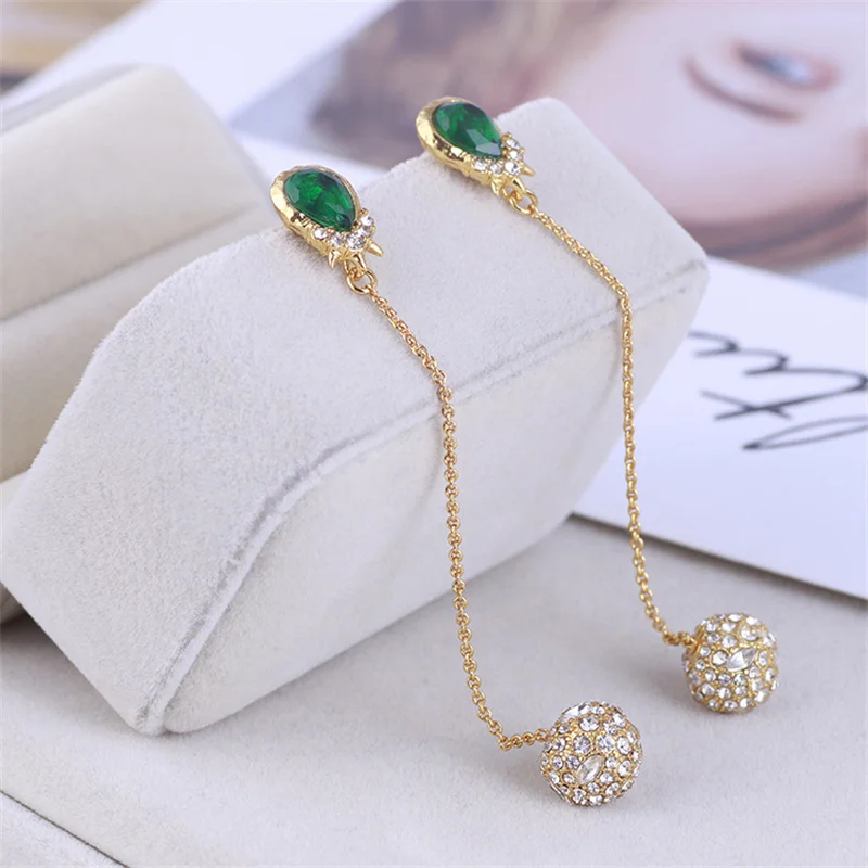 Long Female Earrings With Drop-Shaped Green Crystals And Sparkling Diamond Ball Chains