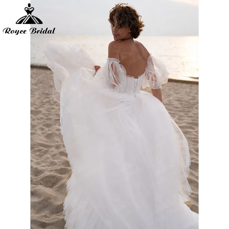 Beach Puff Sleeve Backless Off the Shoulder Backless senza spalline abito da sposa alto/basso abito da sposa corto davanti Roycebridal