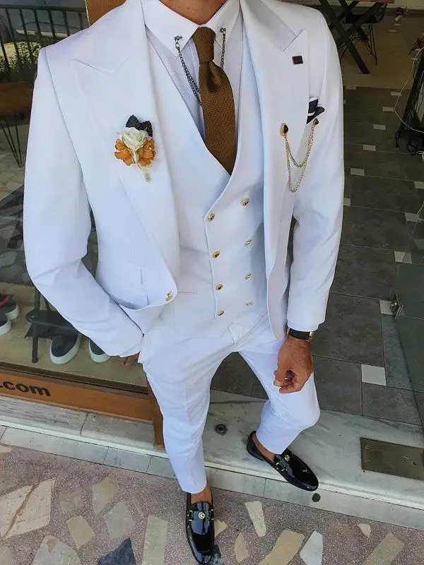 Men\'s Suits & Blazers (Jacket+Pants+Vest) Handsome White 3 Piece Groom Tuxedos For Wedding Formal Prom Suit Party Evening Terno