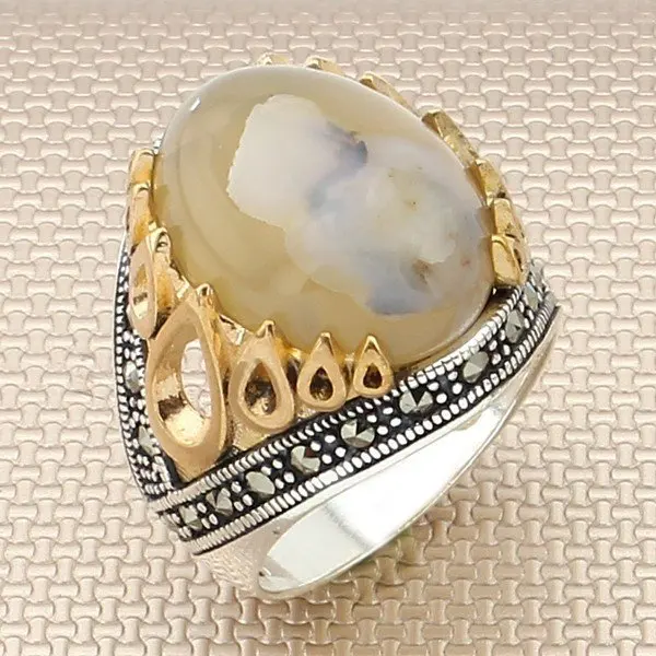 Oval Yemen Agate Stone Silver Ring Vintage Men Silver Ring Bronz Color Big Heavy Silver Ring Solid 925 Sterling Silver