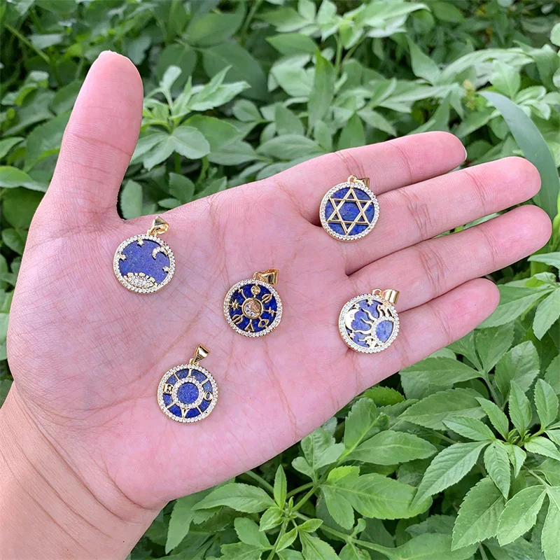 Natural Stone Lapis Lazuli Pendant Charms Brass Gold Plated With Cubic Zirconia 17x19mm Accessories For DIY Making Necklace