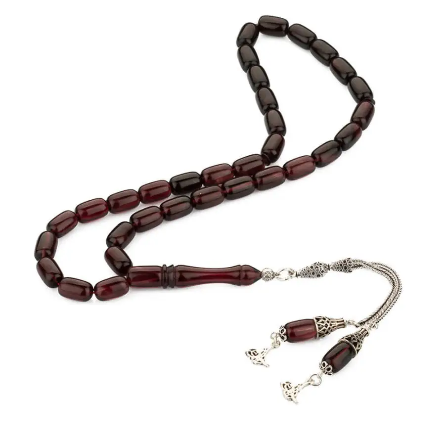 

Wavy Claret Red Amber Gemstone Prayer Rosary Men Capsule Cut Rosary With Silver Tassel Turkish Tasbih With Ottoman Tughra Tassel