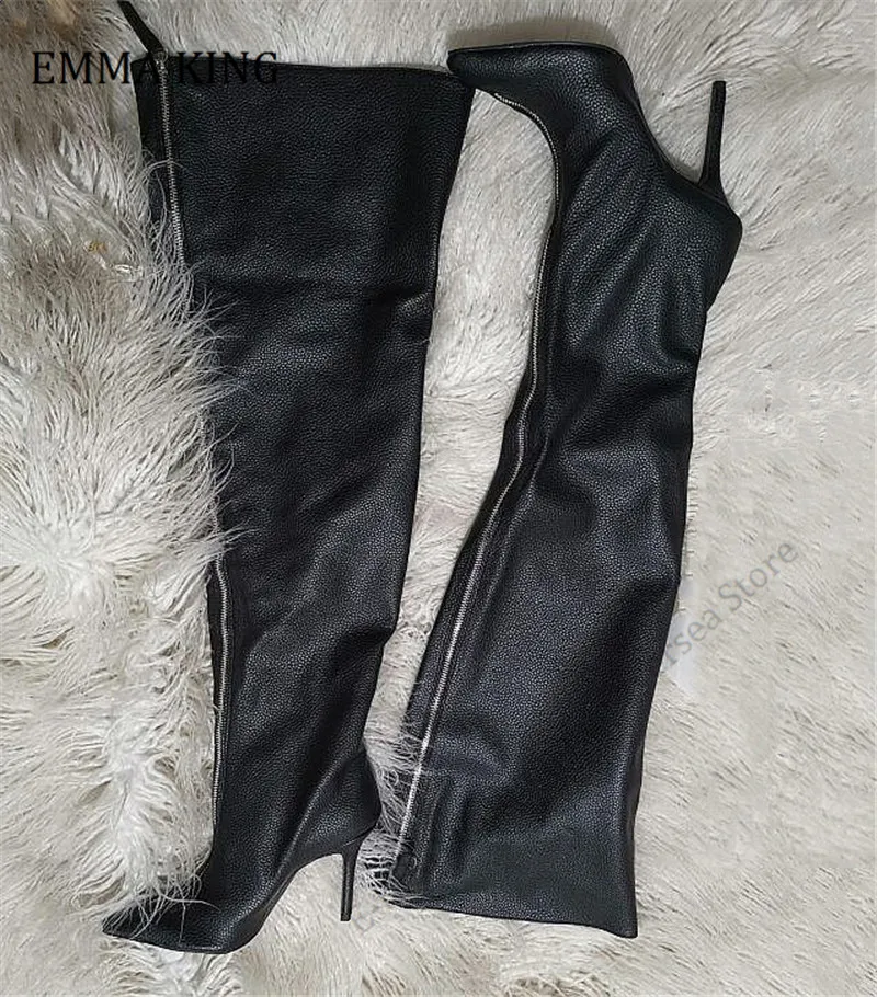 Czarny zamek błyskawiczny z przodu zakolanówki szpilki buty Faux Leather Ladies Sexy szpiczasty nosek na buty do kolan Sexy Botines Mujer