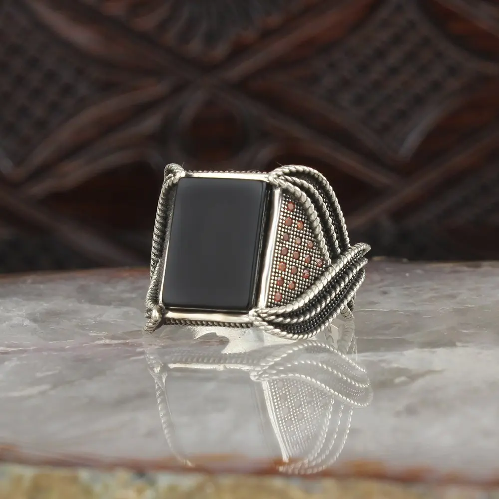 Onyx Stone Traditional Turkish 925 Silver Men's Handmade Signet Rings Jewelry Gift From Turkey for Women Men