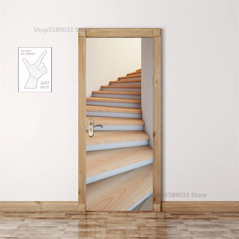 Scenery Wood Grain Door Sticker Vinyl Adhesive Waterproof Removable Wallpaper Poster Room Decoration Mural Decals adesivo porta