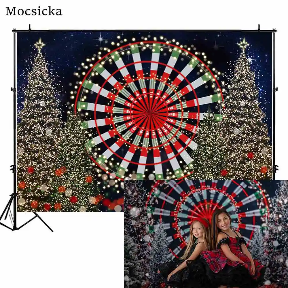 Mocsicka Christmas Backdrop Glitter Gold Polka Dot Christmas Tree Ferris Wheel Background Photography Photocall Party Decoration