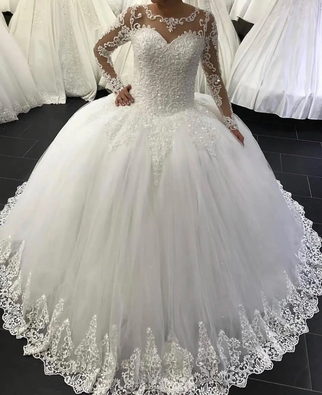 

Princesse Ball Gown Wedding Dresses 2022 Scoop Tulle Lace Appliques Bridal Gowns Robe De Mariee Long Sleeve Vestido De Noiva