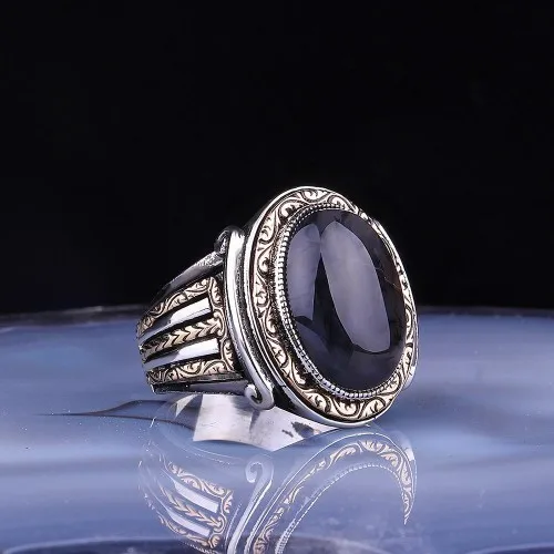 

Sterling Silver Turkish Made Black Stone Men's Ring Handmade