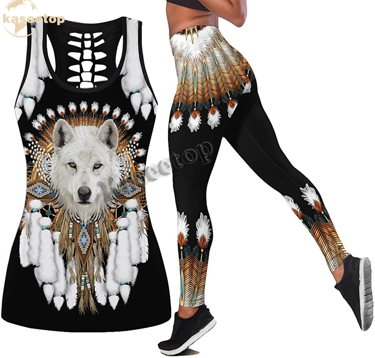 

Kaseetop Beautifull Wolf Two Piece Yoga Set Women 3D Print Vest Hollow Out Tank Top High Waist Legging Summer Casual LK03