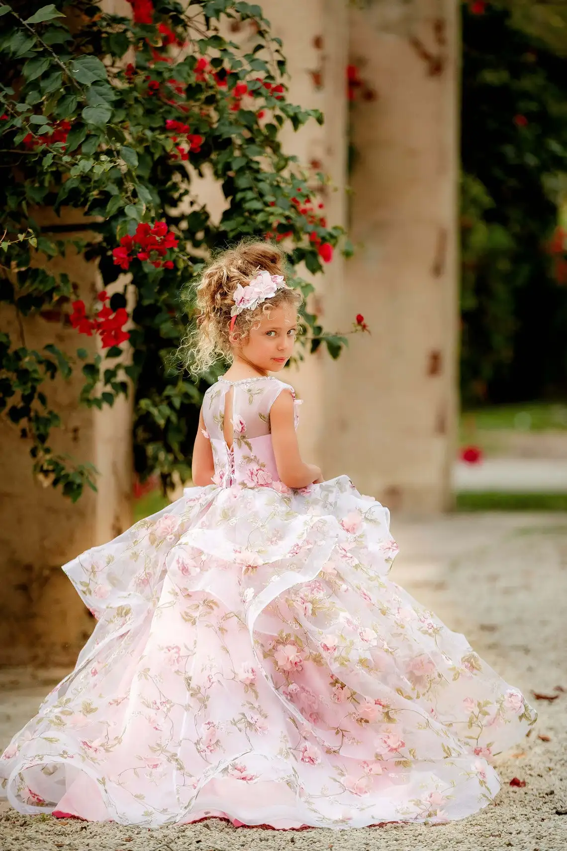 Rosa 3d floral vestidos da menina de flor para o casamento frisado apliques babados da criança meninas pageant vestido crianças formal wear vestidos de baile