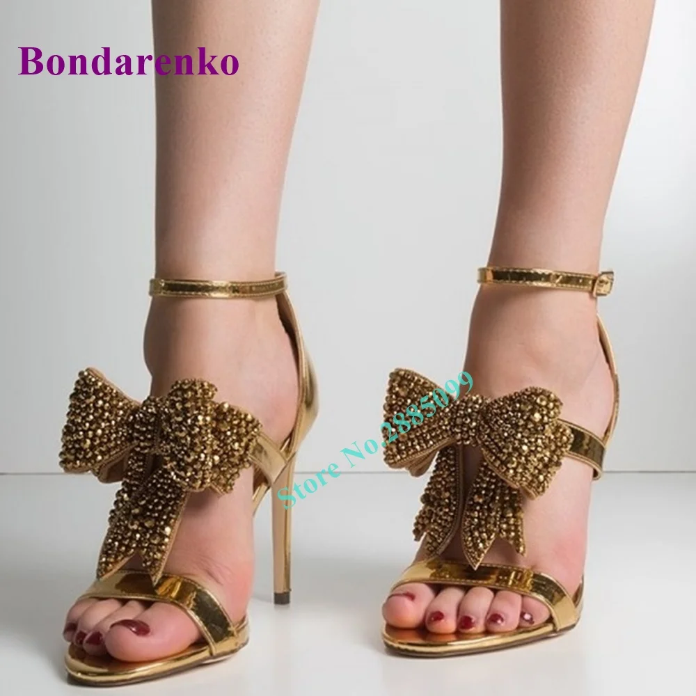 Gold Rhinestone Bow Sandals Metallic Ankle Strap Evening Shoes Solid Open Toe Thin High Heel Sandals Women Shoe Summer Party New