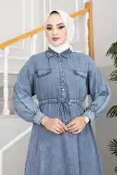 Women Tunnel Belt Denim Dress Ramadan Eid İslamic Maxi Long Khimar English Worship Moroccan Hijab Abaya Outfit Solid Jilbab Dubaİ