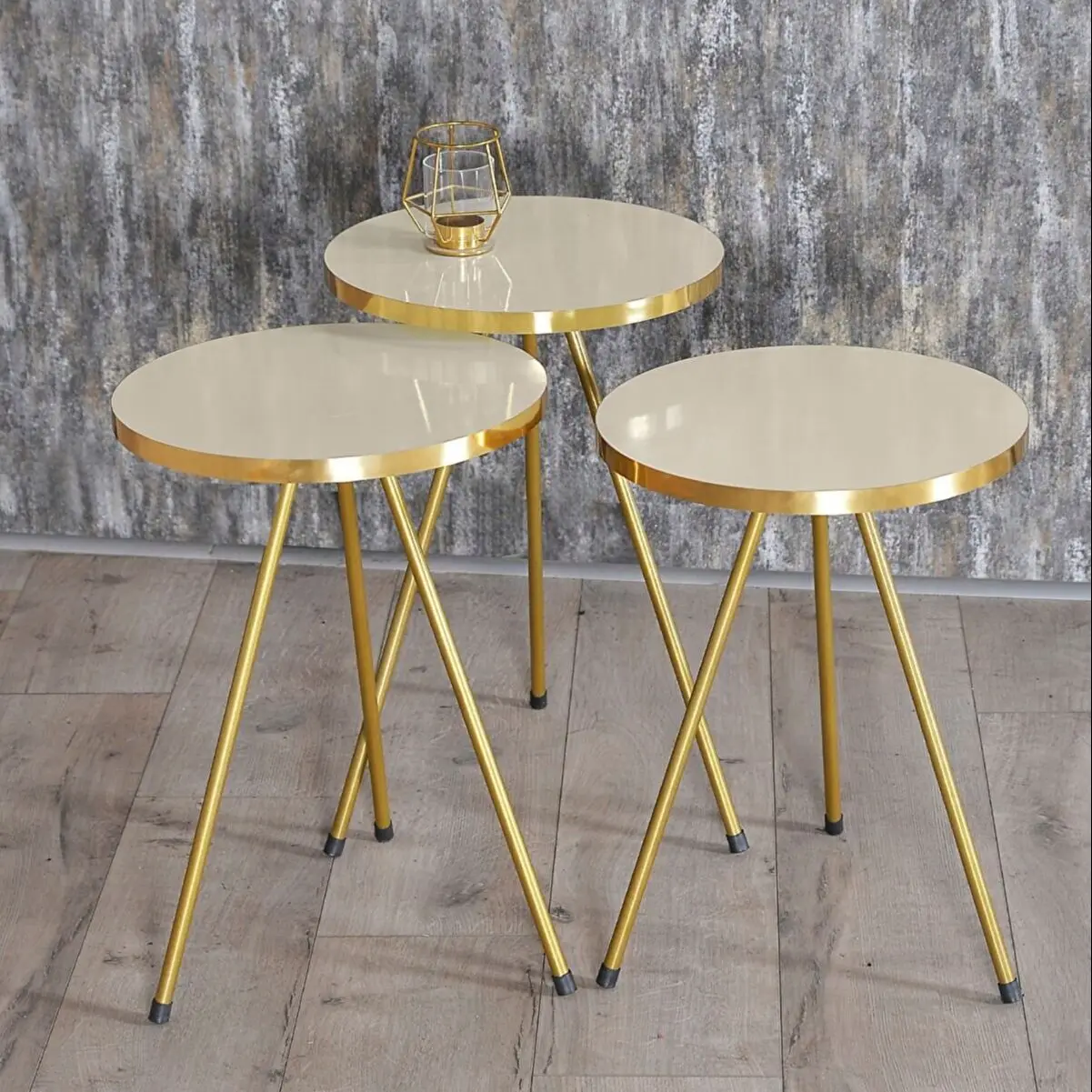 Golden Nesting Table 3-Set Gold Metal Leg Cream Gold Round Living Room Side Table Different Coffee Table Tea table