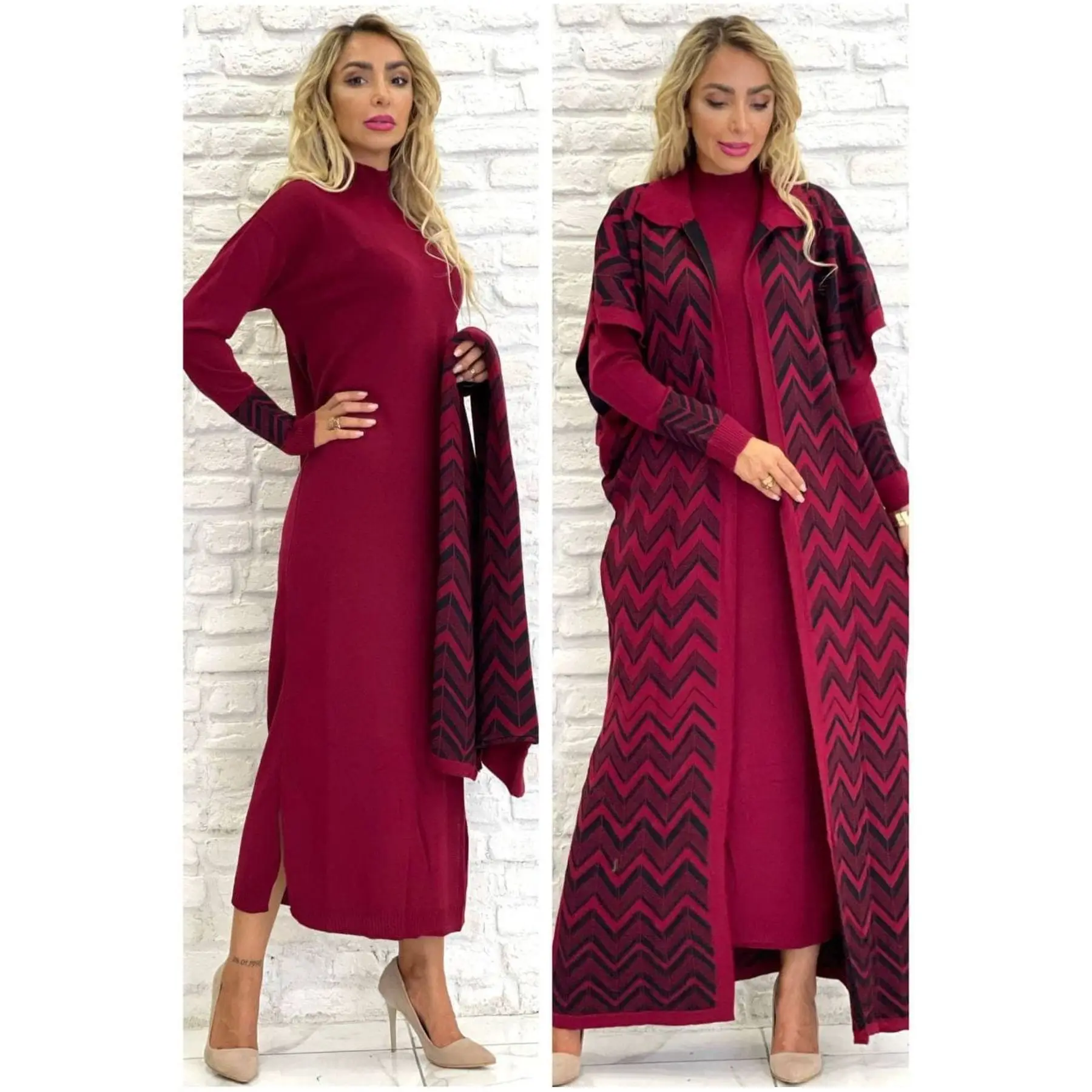 2 Piece Women\'s Set Wave Pattern Knitwear Maxi Turtleneck Sleeve Detailed Dress and Turn down Collar Maxi Cardigan Suit Turkey