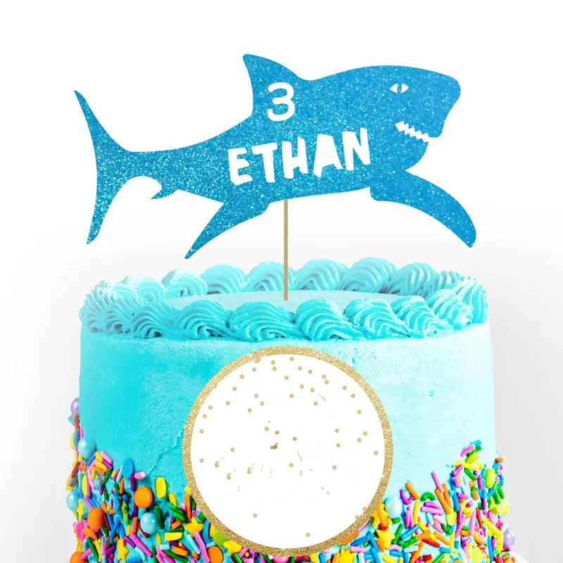 

Custom Shark cake topper glitter Shark party birthday cake topper personalised name boys cake topper fish blue any colour