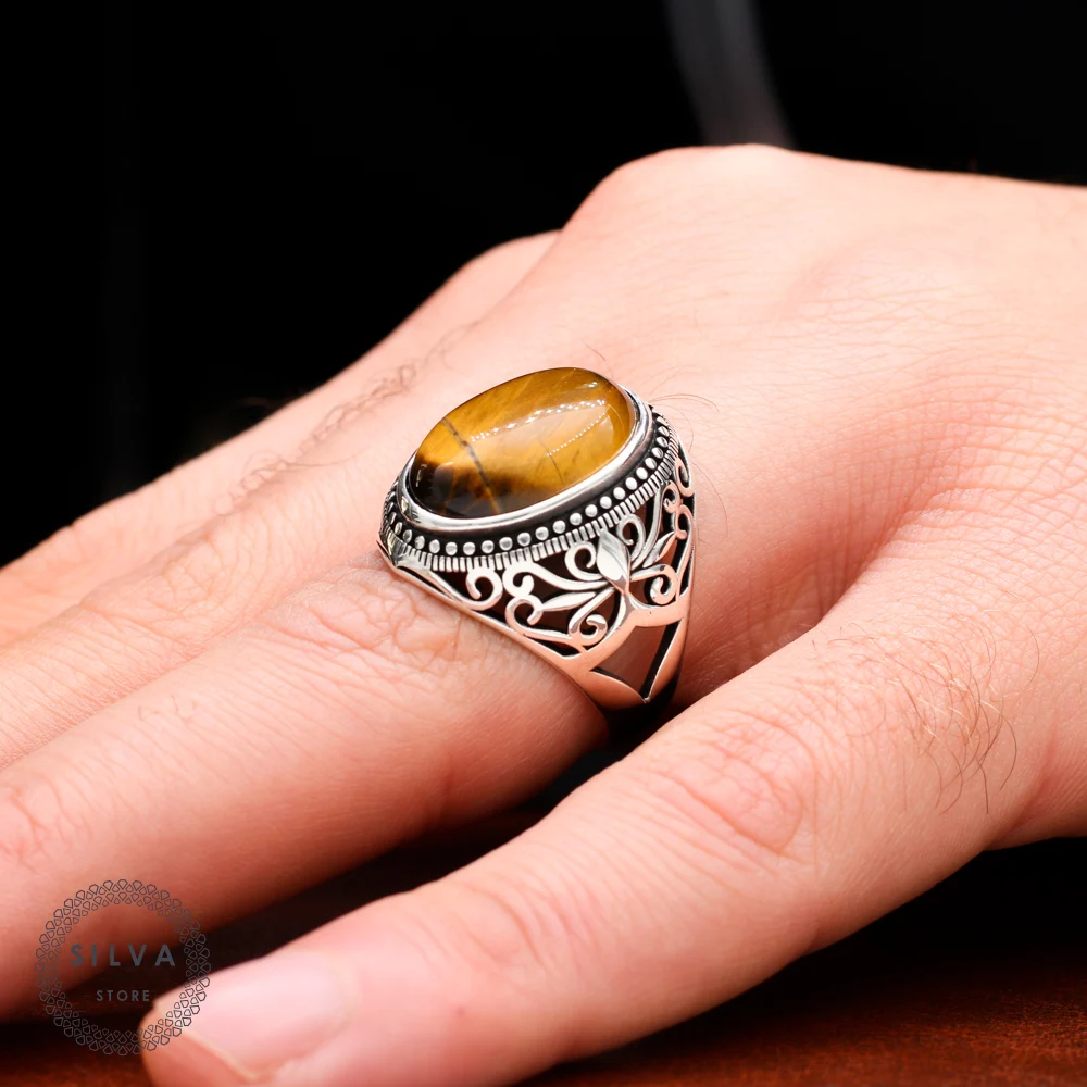 

Original 925 Silver Men's Ring With Tigereye Stone. Man Jewellery Stamped With Silver Stamp 925 All Sizes Are Available