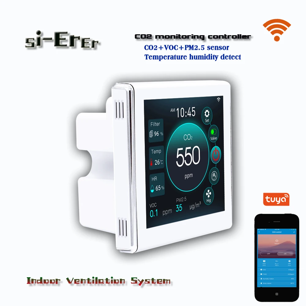 Indoor Air Quality Monitor with WIFI&RS485 VOC PM2.5 CO2 Temperature Humidity Sensor for Control Fan Smart AC/0-10V Output