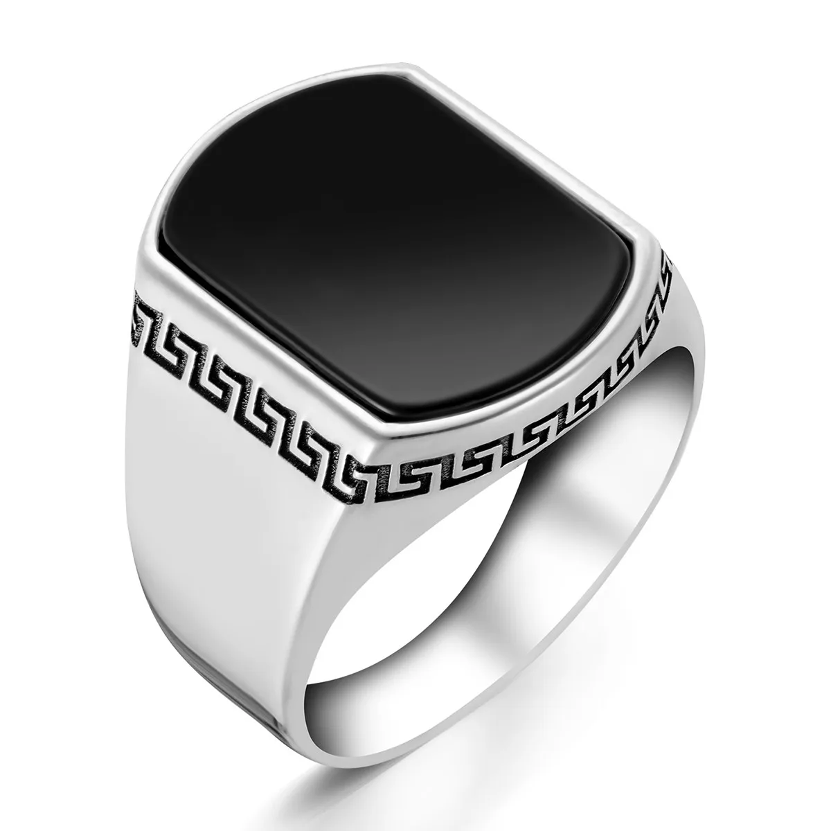 925 Sterling Silver Rectangular Black Onyx Stone Men's Ring Exclusive Plain Ring for Men Special Accessory Made in Turkey